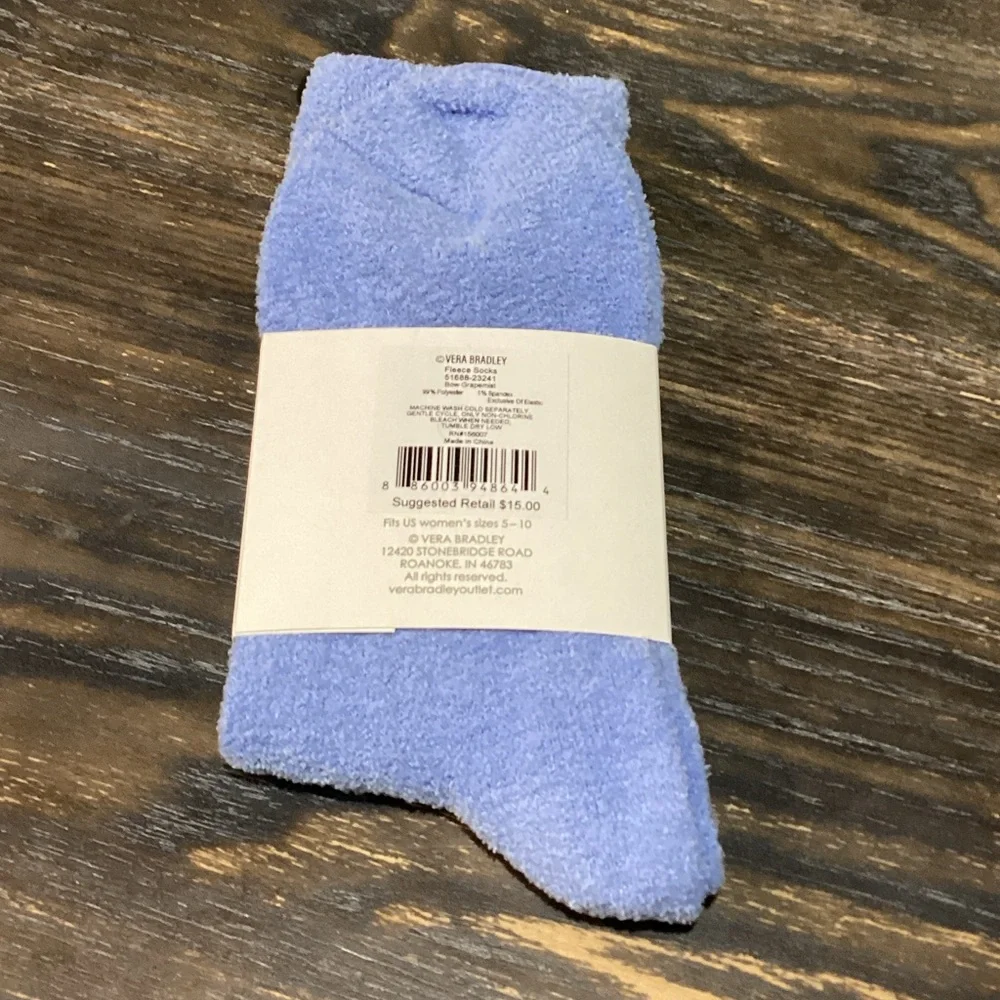 Vera Bradley Blue Fleece Socks with White Bow - Picture 2 of 3